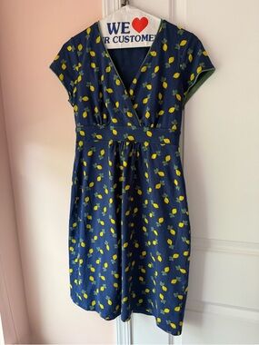 Navy Lemon Print Wrap-Style Boden Dress. Comfortable with pockets. Like new.
